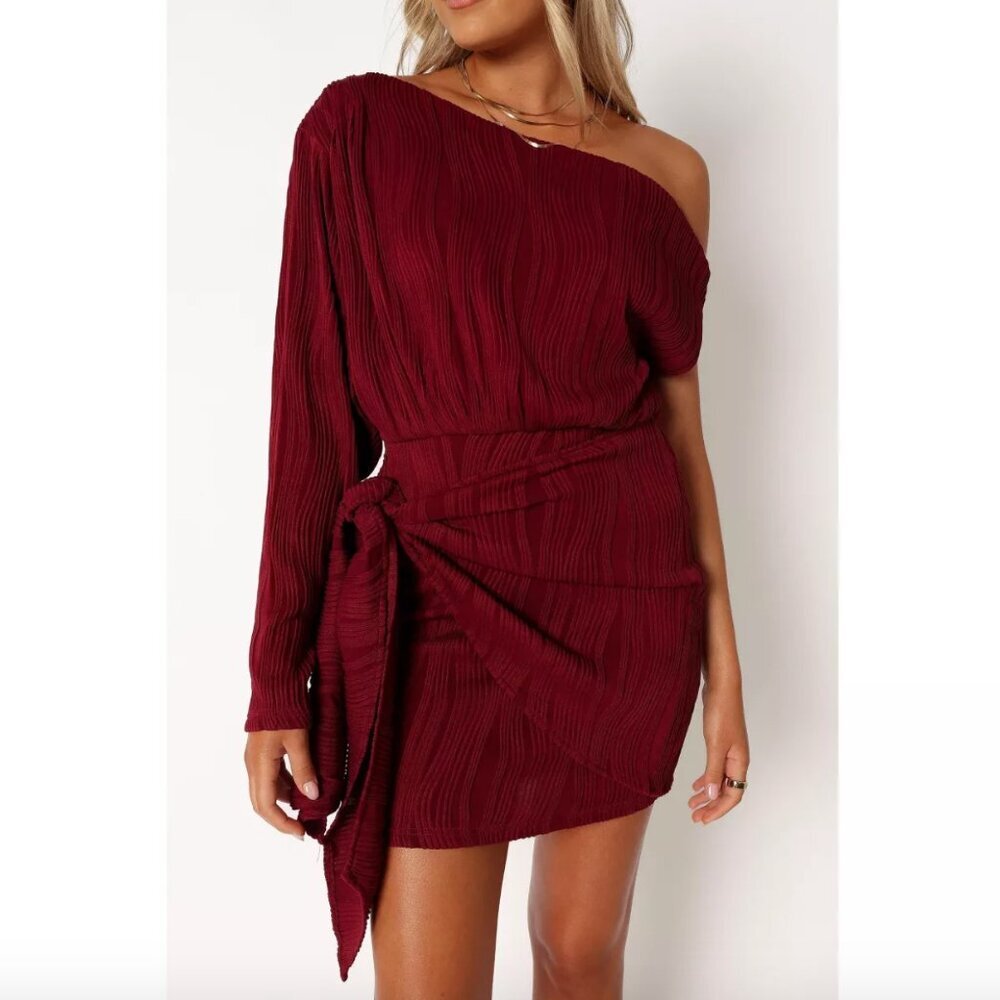 Petal & Pup Micki Burgundy One Shoulder Mini Wrap Dress S